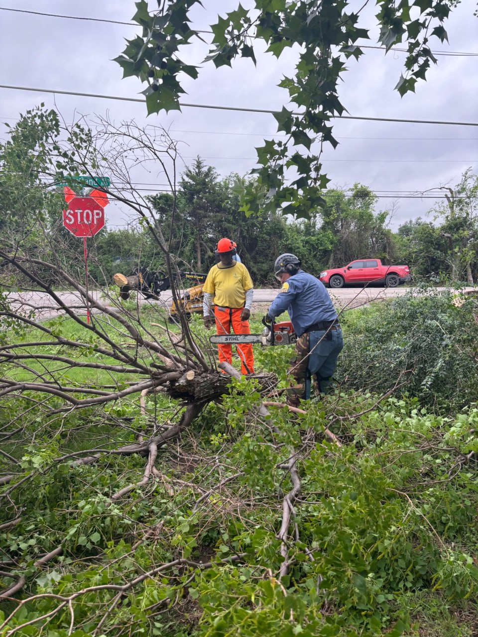 Chainsaw ministry volunteers cutting and clearing downed branches during the Lancaster community service project.