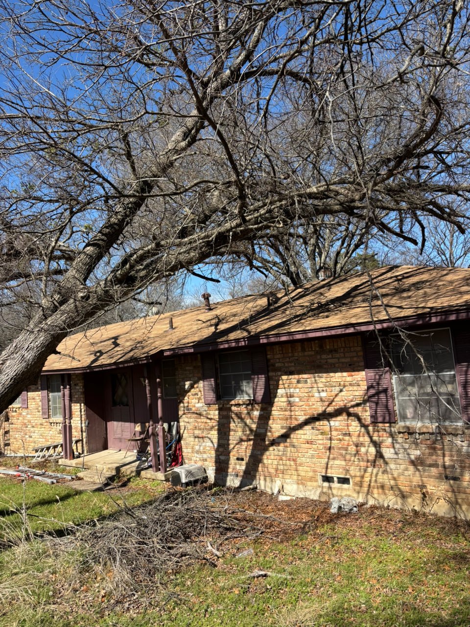 Large tree limbs hanging over a brick home before chainsaw ministry cleanup in Red Oak.
