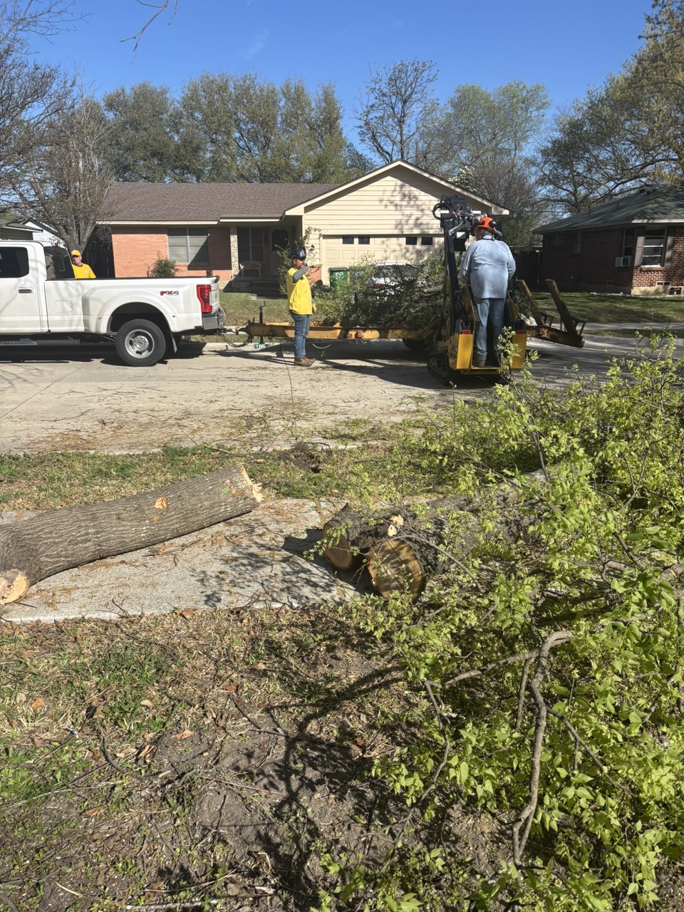 Volunteers clear branches and logs from a driveway during the Waxahachie community service project.