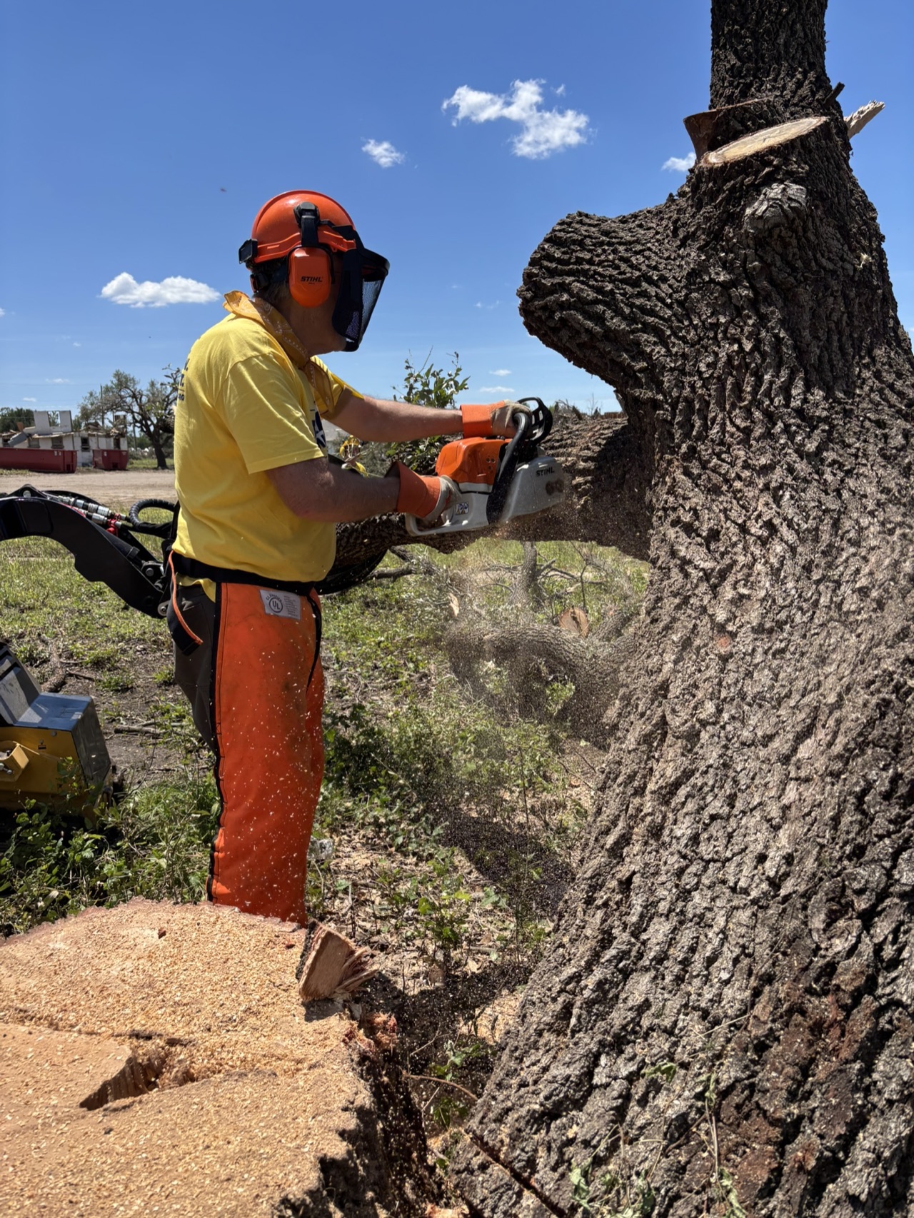 A chainsaw ministry volunteer clearing storm-damaged tree limbs in Mineral Wells.