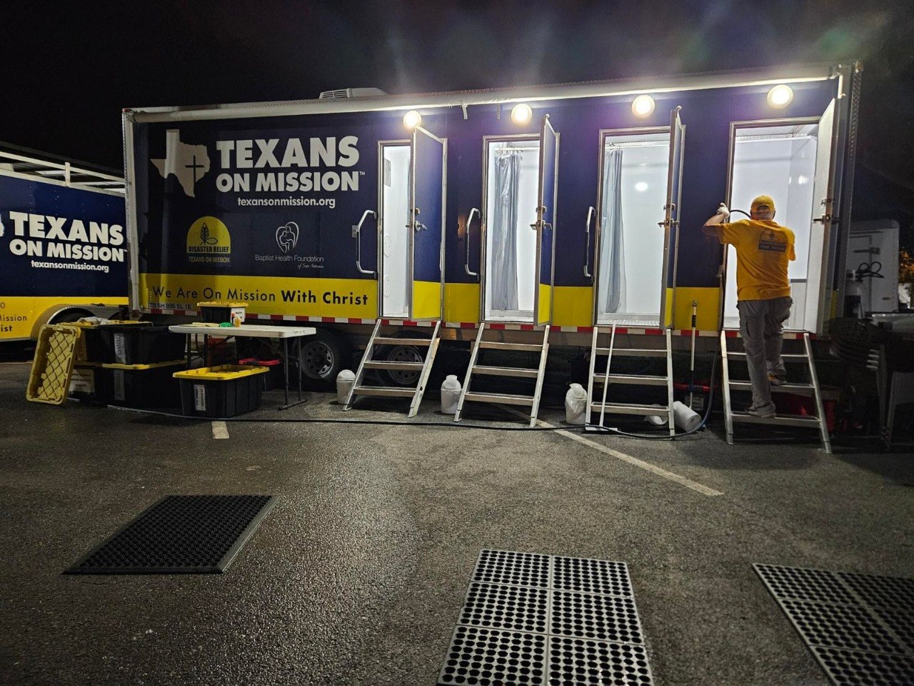 Texans On Mission shower and laundry trailer set up and ready to serve during disaster response.